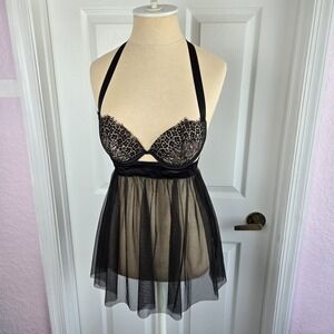 Victoria's Secret Very Sexy Push Up Black  Baby Doll Top Nightie Size 32C Halter